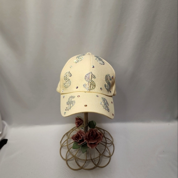 Aroura Borealis Rhinestone Dollar Sign Beige Baseball Cap - Picture 5 of 14